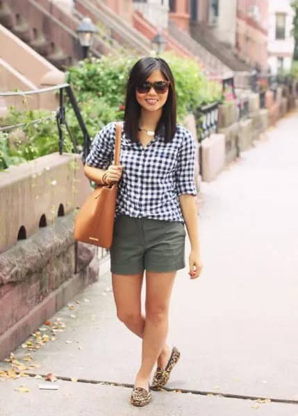 Black and White Checkered Shirt with Grey Mini Shorts