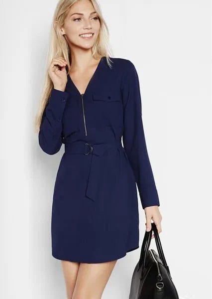 Navy Belted Zip Collar Shift Dress