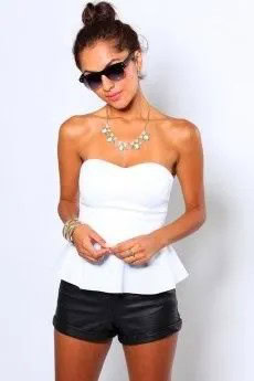 White Peplum Strapless Top with Black Mini Leather Shorts