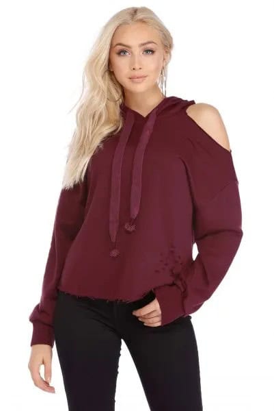 Burgundy Cut Out Shoulder Hoodie with Black Jeans