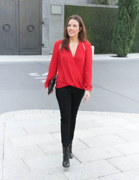 Red Wrap Blouse with Black Pants