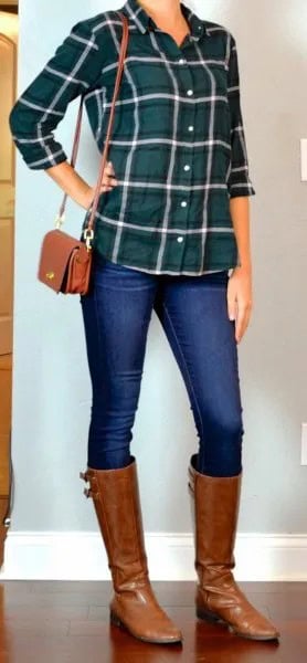 Green Plaid Shirt with Blue Skinny Jeans & Brown Leather Boots