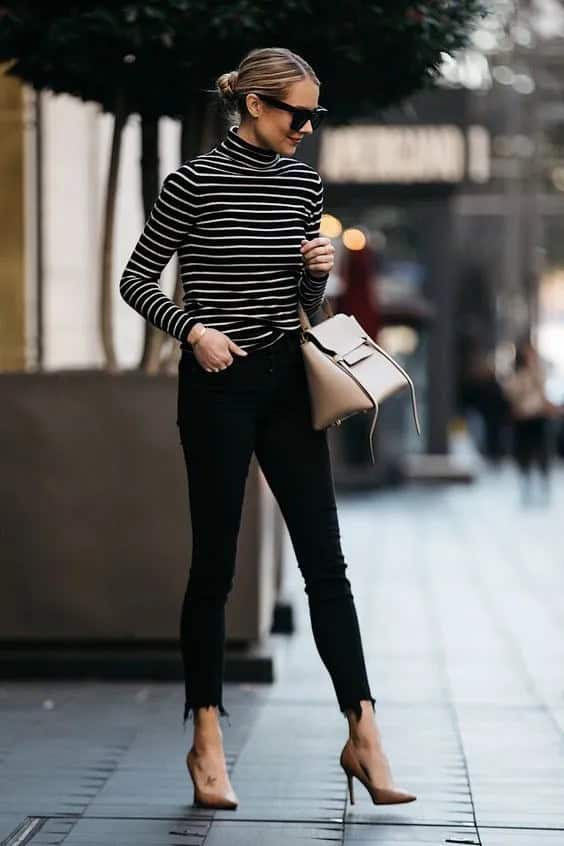 Stripes and Black Frayed Bottom Jeans