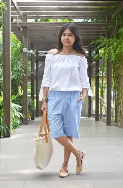 White Off The Shoulder Blouse with Light Blue Knee Length Long Cotton Shorts