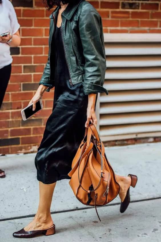 Slip Dress and Green Leather Jacket