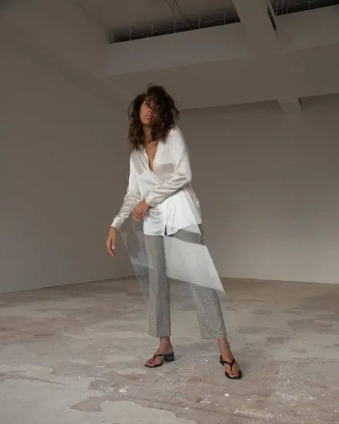 White Silk Oversized Blouse with Grey Wide Leg Chinos & Black Flip Flop Heels