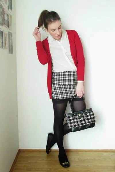 Black and White Plaid Bodycon Mini Skirt with Red Cardigan