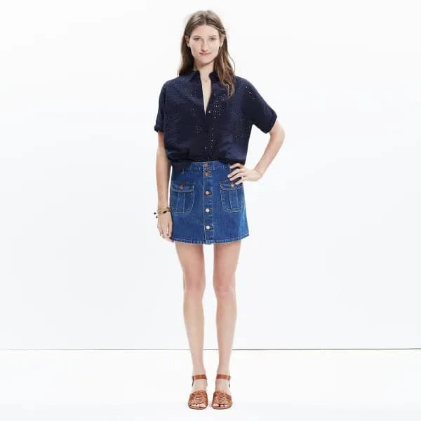 Black Short Sleeve Shirt with Blue Button Front Denim Skort