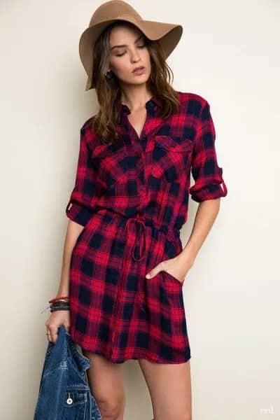 Red Plaid Tie Waist Shirt Dress with Floppy Hat