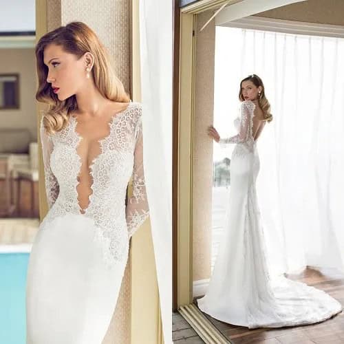 White Lace Plunging Neckline Flowy Wedding Dress