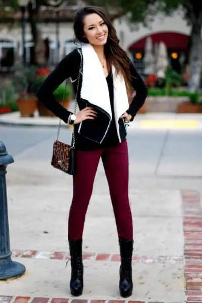 Black and White Shearling Vest with Brown Skinny Jeans & Mid-Calf Boots