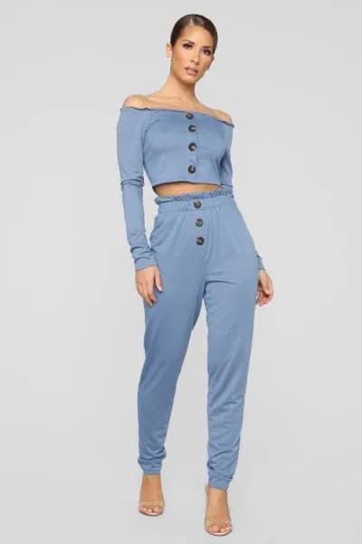 Off The Shoulder Long Sleeve Button Up Crop Top with Grey Elastic Waist Dress Pants