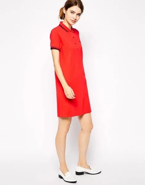 Red Polo Shirt Dress with White Loafers