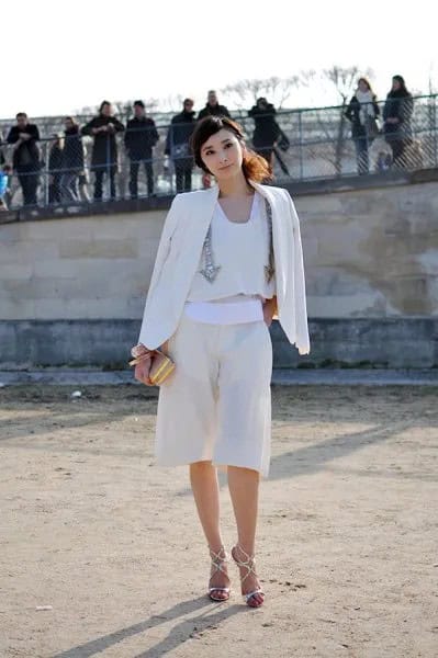 All-White Outfit Consists of Blazer, Blouse & Culottes