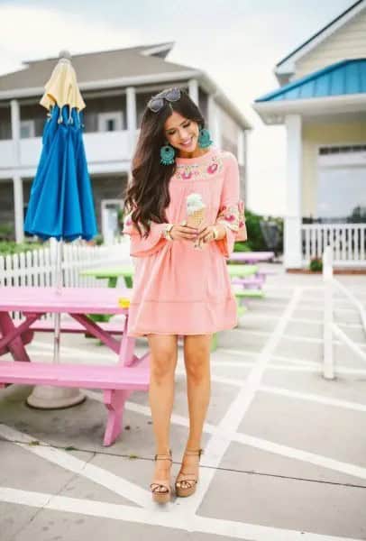 Pink Tribal Printed Mini Boho Style Dress & Wedge Sandals