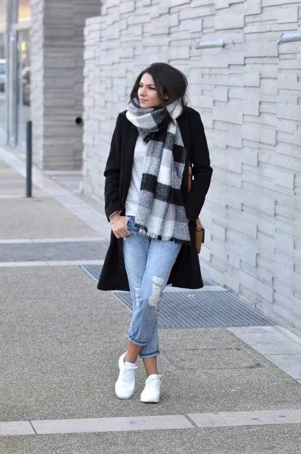 Wear Boyfriend Jeans with a Colorful Scarf