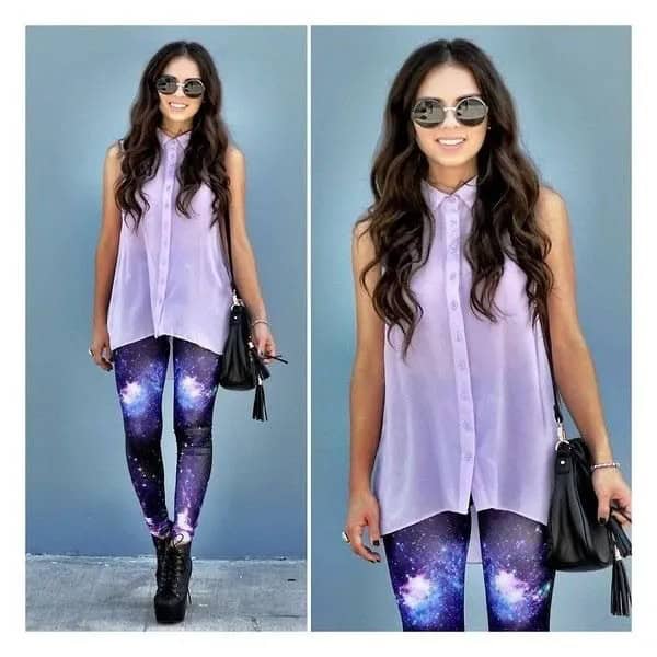 Purple Galaxy Leggings with White Chiffon Sleeveless Shirt