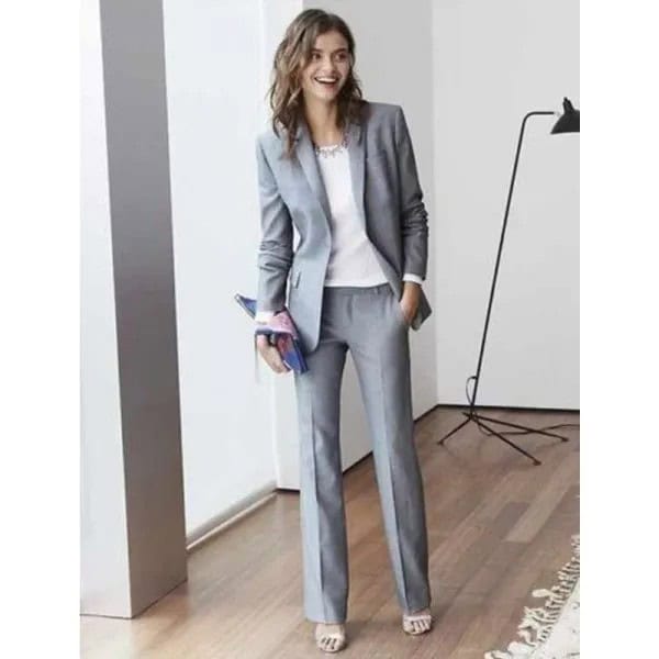 Grey Suit with White Chiffon Blouse & Statement Necklace