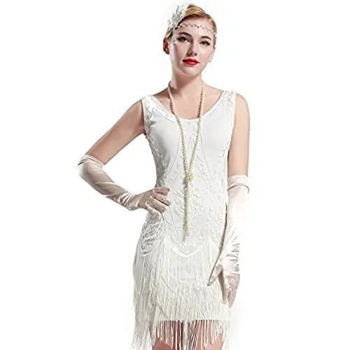 White Mini Fringe Dress with Silk Long Gloves