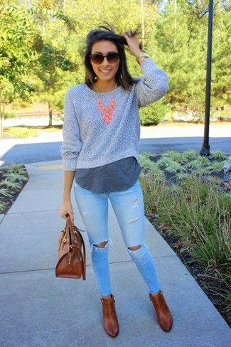 Grey Cropped Crew Neck Sweater Over Long T Shirt