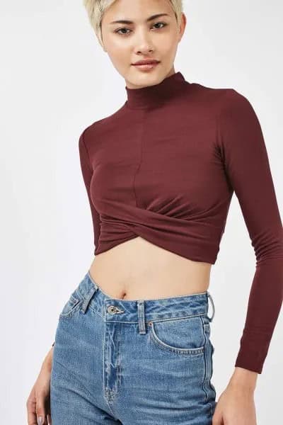 Green Mock Neck Long Sleeve Crop Top with Blue Jeans