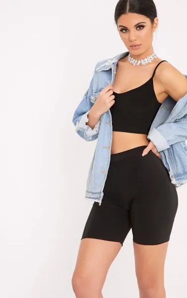 Blue Denim Jacket with Black Crop Top & High Waisted Shorts