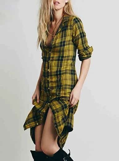 Slim Fit Midi Length Yellow Plaid Shirt Dress with Long Boots