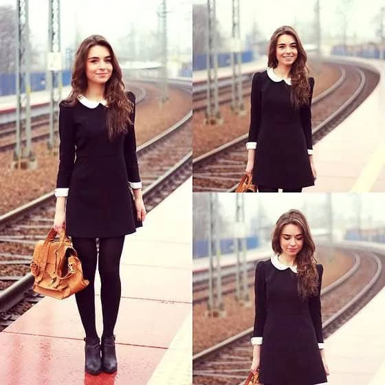 Rounded Collar Black and White Dress with Stockings & Short Boots