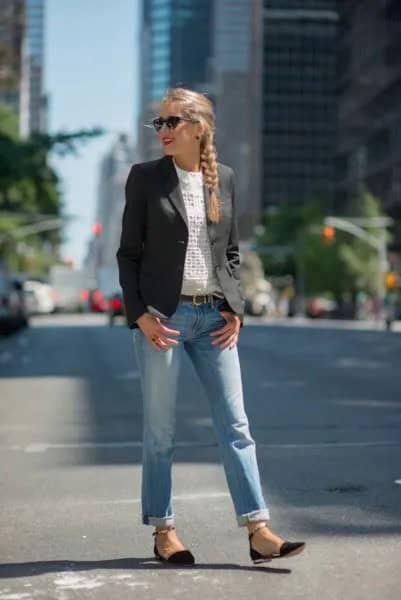 Black Blazer with White Crew Neck Sweatshirt & Cuffed Boyfriend Jeans