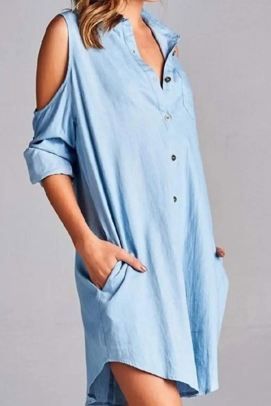 Cold Shoulder Boyfriend Shirt Dress