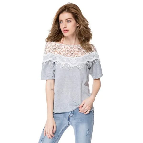 Grey T Shirt with Lace & Fringe Details