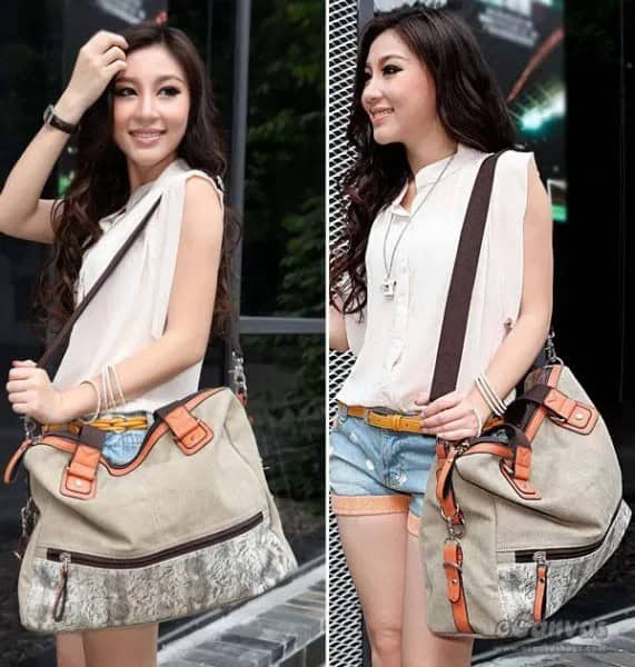 White Sleeveless Blouse with Blue Denim Shorts & Light Grey Messenger Bag