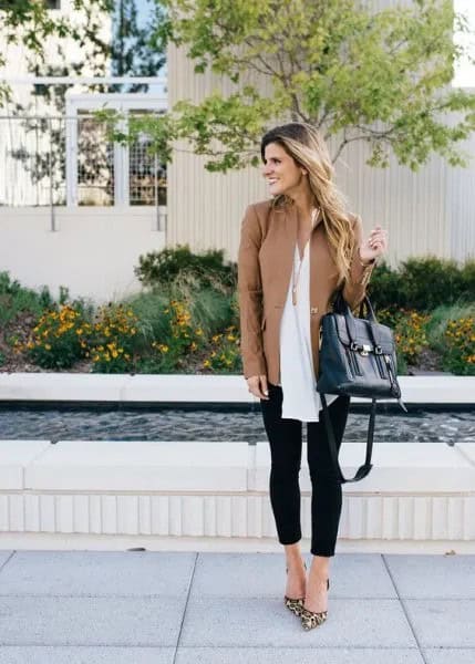 Tank Long Leather Jacket with White Tunic Chiffon Top