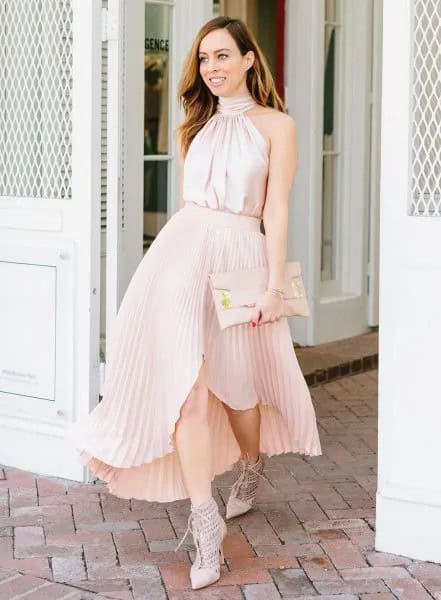 Pink Silk Halter Neck Top with Asymmetric Blush Maxi Pleated Skirt