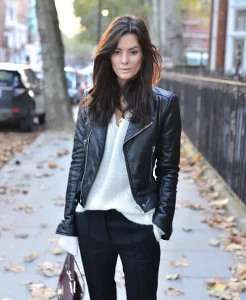 Leather Biker Jacket with White V Neck Sweater