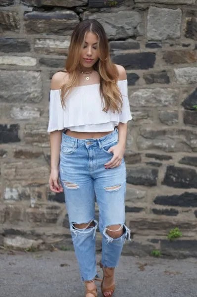 White Cropped Off The Shoulder Blouse with Ripped Knee Jeans