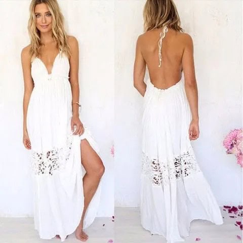 White Sweetheart Neckline Backless Maxi Beach Dress