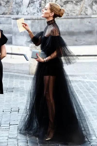 Black Chiffon Tulle Dress with Sheer Shoulders and Tail