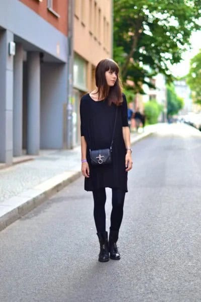 Black Half Sleeve Mini Shift Dress with Stockings & Boots