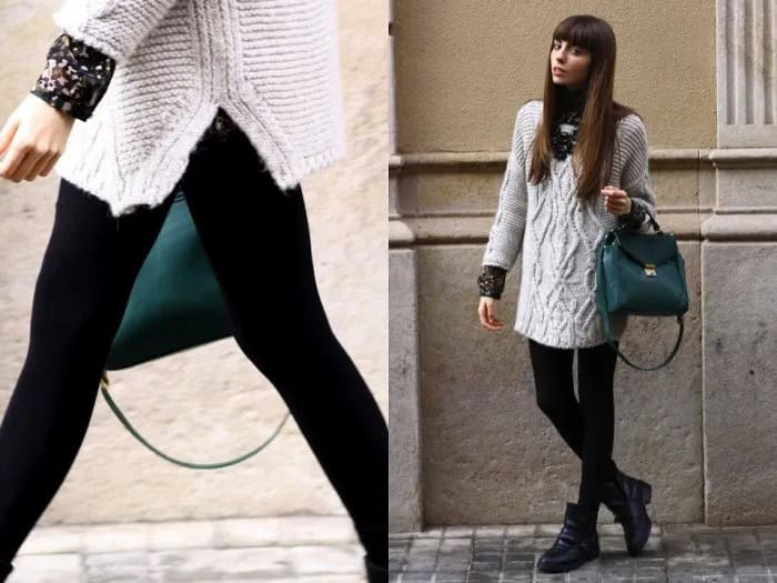 Grey Cable Neck Tunic Sweater with Leggings & Black Leather Purse