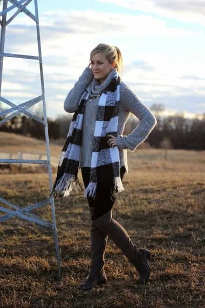 Grey Cowl Neck Sweater with Plaid Fringe Scarf