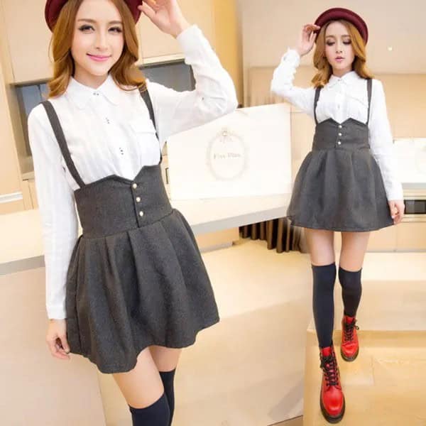 White Button Up Shirt with Grey High Rise Mini Suspender Skirt