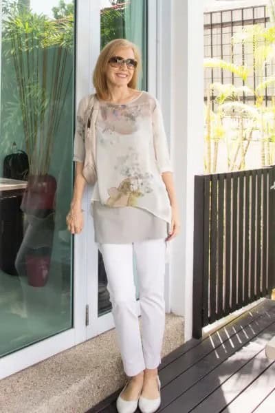 Pale Pink Floral Printed Chiffon Sheer Blouse with White Slim Fit Jeans