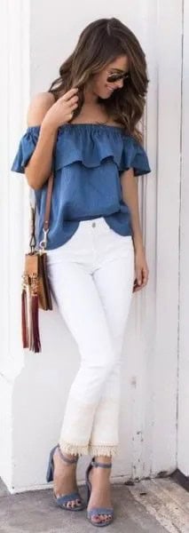 Blue Ruffle Top with White Fringe Skinny Jeans