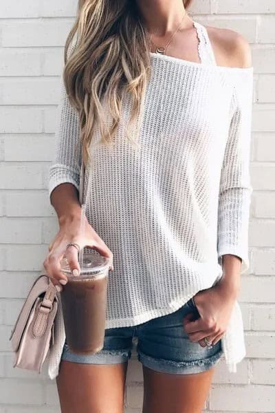 White Drop Shoulder Knit Sweater with Lace Bralette