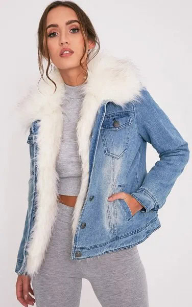 Blue Fur Lined Denim Jacket with Grey Crop Top & Jogger Pants