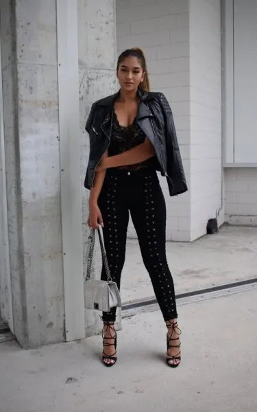 Black Leather Jacket with Camisole & Lace Up Jeans