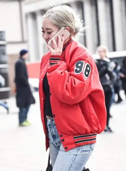 Red Jacket with Black Cropped Tee & Blue Skinny Jeans