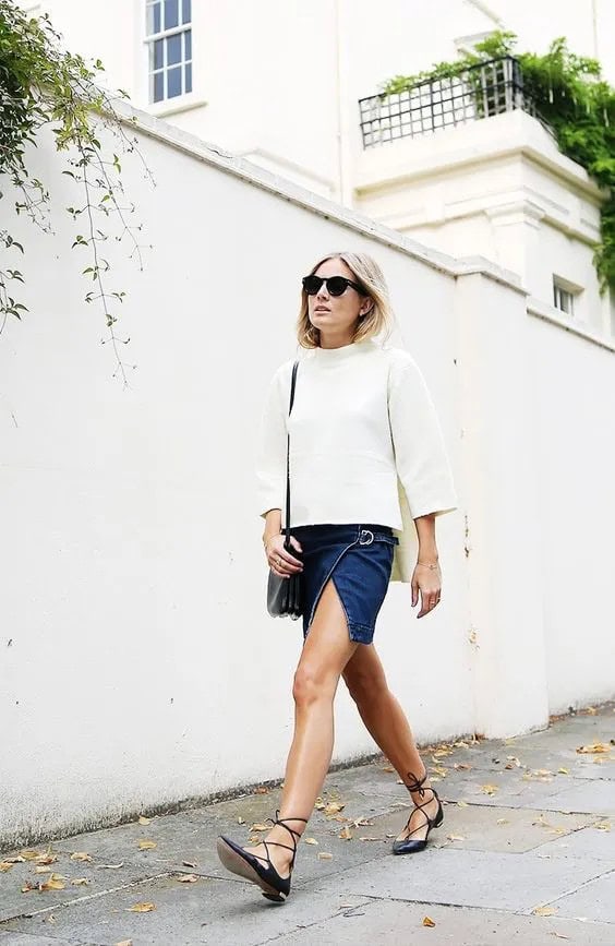 Denim Mini Skirt and Black Lace Up Flats