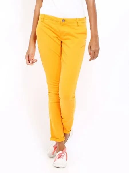 White Short Sleeve Tee with Lemon Yellow Slim Fit Pants